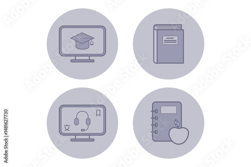 Collection of educational icons depicting graduation cap on monitor, book, headset with computer, and notebook with apple. Learning concept Free Download Collection of educational icons depicting graduation cap on monitor, book, headset with computer, and notebook with apple. Learning concept - GFXLoad