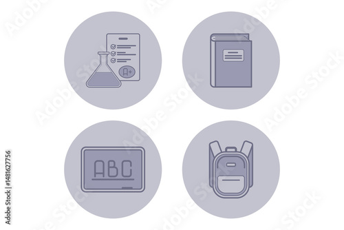 Collection of icons depicting essential educational tools. Included science flask, notebook, chalkboard, and backpack, symbolizing various academic subjects
