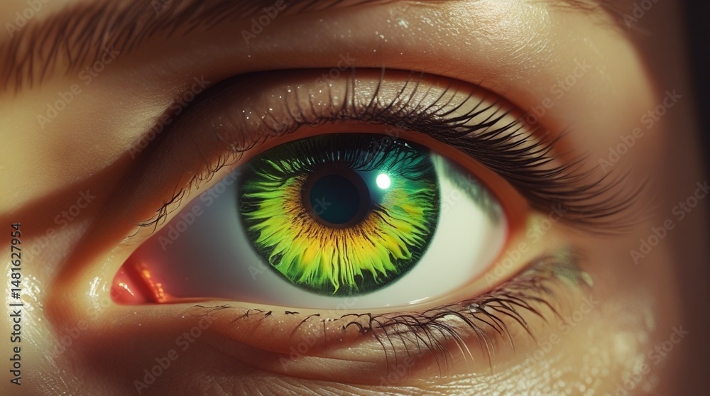 Fototapeta premium The image showcases a detailed human eye with vibrant green and hazel tones, intricate textures, and realistic lighting, highlighting pores and natural contours.