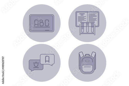 Collection of four minimalist icons related to education. Chalkboard, test tubes, language symbols, and backpack, showcasing learning tools Free Download Collection of four minimalist icons related to education. Chalkboard, test tubes, language symbols, and backpack, showcasing learning tools - GFXLoad