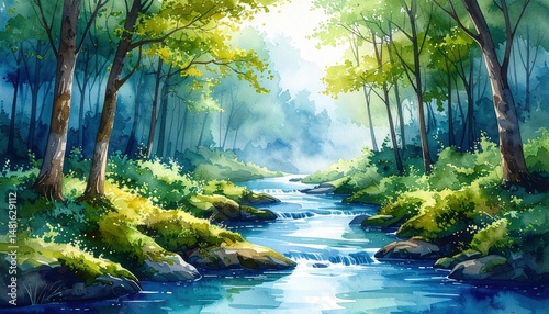 Tranquil forest stream painting, serene nature landscape artwork for meditation and relaxation