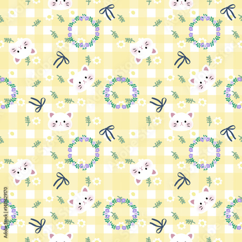 Vector pattern of fabric, wallpaper, wrapping paper, mats and bed sheets. Continuous and repeatable. Cute style. Designed with flower wreath and cartoon cat.