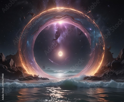 Ethereal portal, cosmic waves ripple across its surface, creating a mesmerizing display ,  colorful,  bright