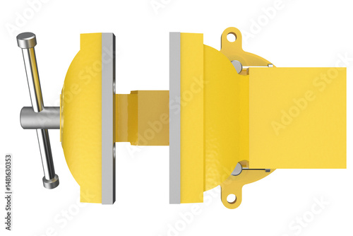 Bright yellow heavy duty cast iron bench vises, isolated on white background, showing open jaw and closed jaw positions. Essential workshop and garage equipment for DIY projects and repair work.