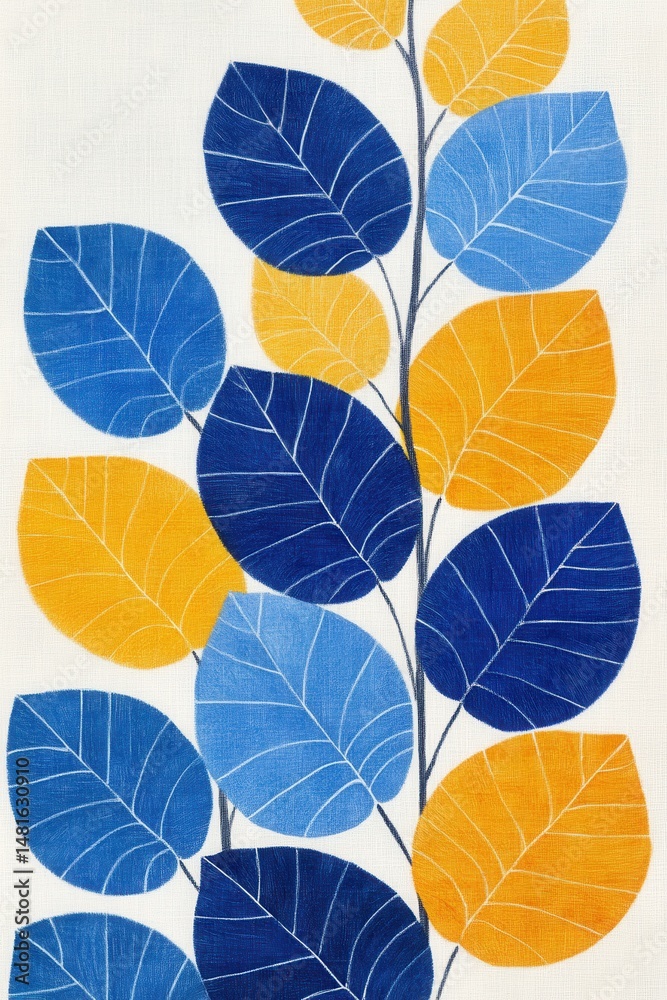 Obraz premium Colorful Leaf Pattern Illustration featuring Blue Yellow and Light Blue Leaves on Branches Close Up