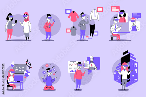 People engaged in diverse activities, such as learning, shopping for clothes, conducting experiments, and utilizing technology, all set against vibrant backgrounds