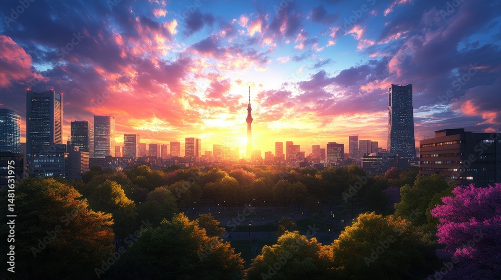 Fototapeta premium Vibrant sunset colors paint the urban skyline with trees in foreground in a peaceful city landscape.