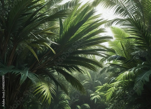 Overlapping palm fronds creating a natural canopy in a dense jungle setting , jungle foliage, greenery, dense vegetation