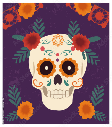 Dia de Muertos Sugar Skull & Calaca Vector Square Illustration Set-02