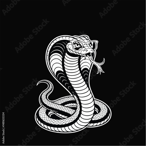A detailed and fierce black and white illustration of a cobra snake wearing glasses, with its hood spread and tongue out. Ideal for tattoo designs, apparel prints, biker emblems, and wildlife artwork.
