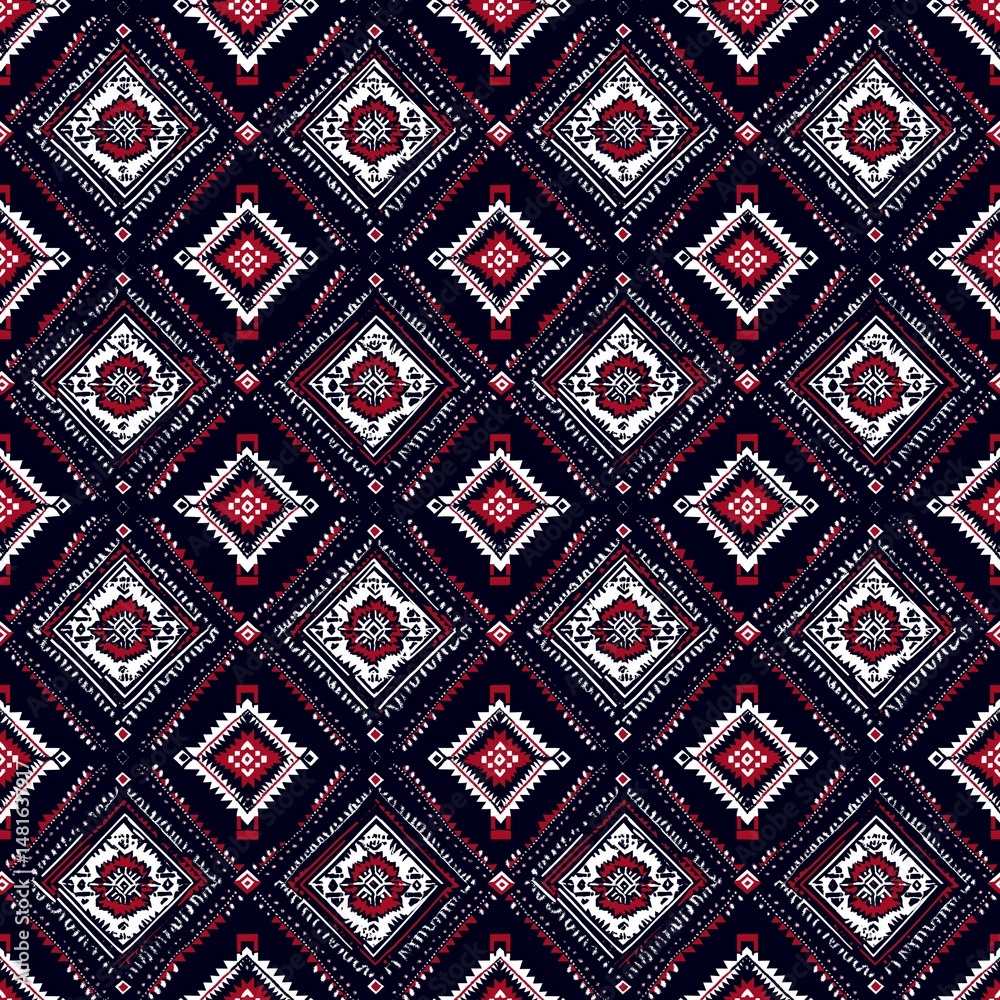 Seamless Intricate Ethnic Diamond Pattern in Dark Blue, White, and Red. Seamless Intricate Ethnic Diamond Pattern in Dark Blue, White, and Red.