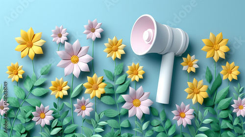 Pastel flowers and a megaphone on a light blue background.