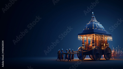 Rath Yatra, night scene with giant chariot decorated with twinkling lights, accompanied by traditional music and dancers, dark blue to black gradient background