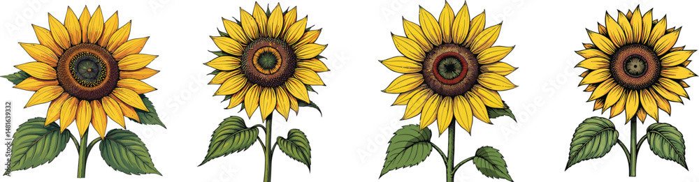 Fototapeta premium Cut Out Set of Sunflower head isolated on Transparent or white background, Vintage sketch vector illustration.