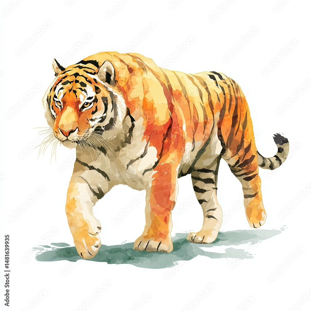 Obraz premium Majestic tiger walking confidently across a bright white background in a stunning art style