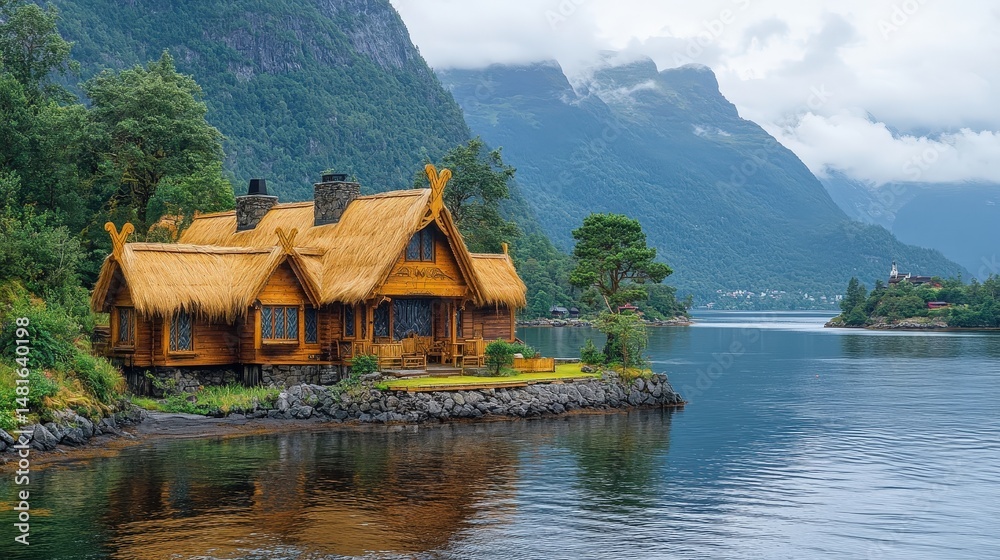 Naklejka premium Picturesque wooden house nestled beside a serene fjord.