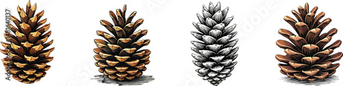Cut Out Set of Pine cone isolated on Transparent or white background, Vintage sketch vector illustration.
