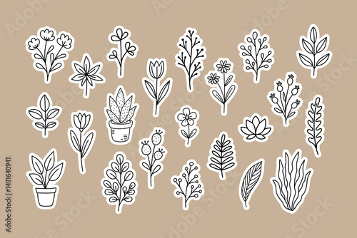 Hand drawn doodle plants sticker pack on beige background for junk journals, scrapbooking, digital crafts and decoration.