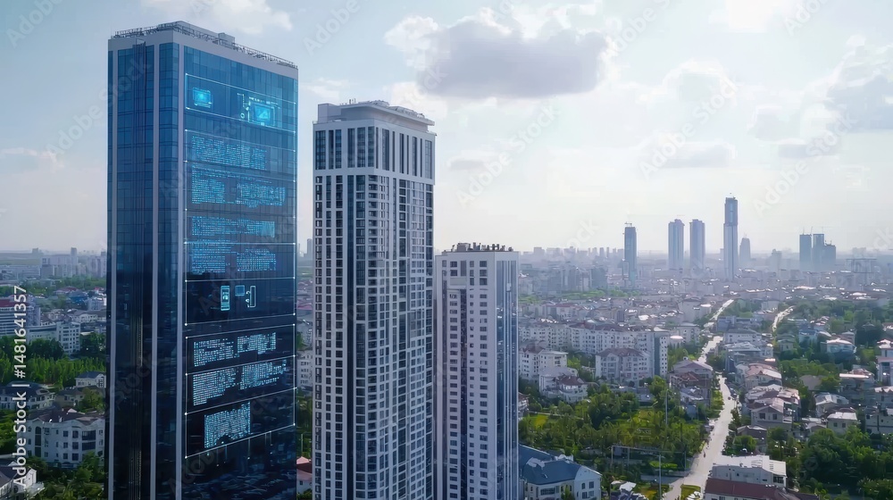 Obraz premium Modern skyscrapers in a vibrant city landscape.