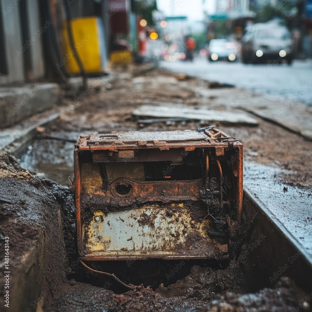 Rusty Old Electrical Box in a Street Reconstruction Zone Rusty Old Electrical Box in a Street Reconstruction Zone