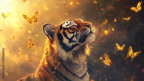 tiger surrounded by suspended relics of forgotten empires