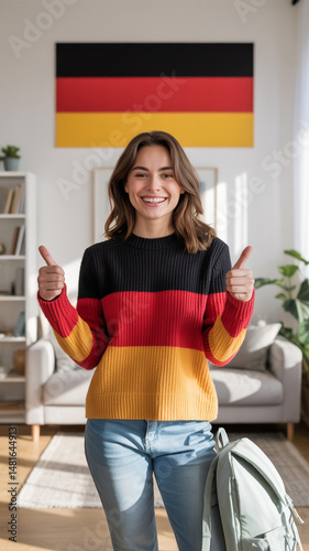 Smiling girl posing in modern interior with large German flag on wall