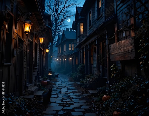Spooky Halloween Street Scene with Pumpkins and Black Cats - Gothic Village Art Print