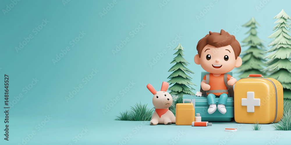 Fototapeta premium A charming 3D illustration of a happy boy and his puppy, all set for a camping trip,