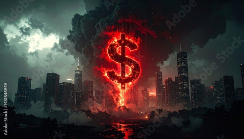 A fiery dollar sign erupts from a dark cloud over a cityscape