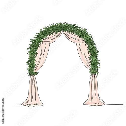 Elegant Archway: A beautifully adorned archway, draped in delicate fabric and adorned with lush greenery, stands ready to frame a memorable occasion. 
