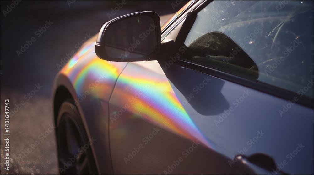 Naklejka premium Car Reflection with Rainbow Glare in Natural Sunlight