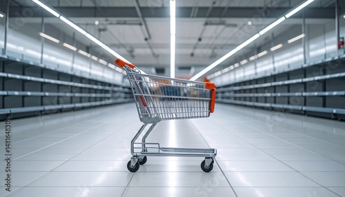 An empty shopping cart sits in an aisle of bare shelves at a supermarket