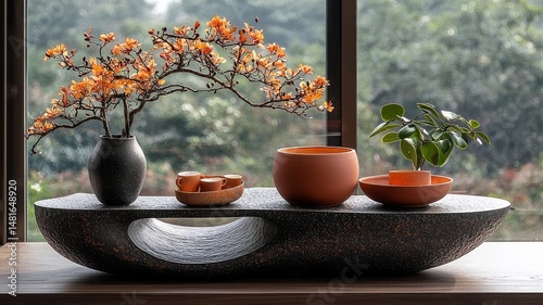 Elegant tabletop arrangement featuring terracotta pots and a flowering branch, creating a serene and stylish home decor aesthetic.