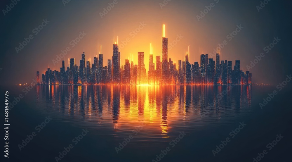 Sunrise over a futuristic city reflected in water Sunrise over a futuristic city reflected in water