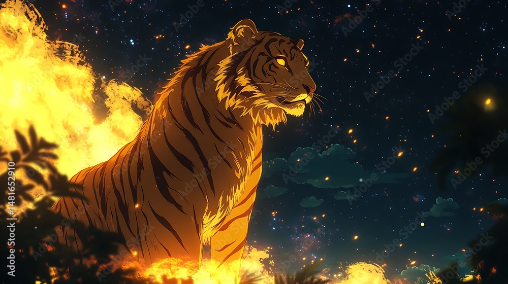 Naklejka premium tiger with a crown of floating stones standing in still silence