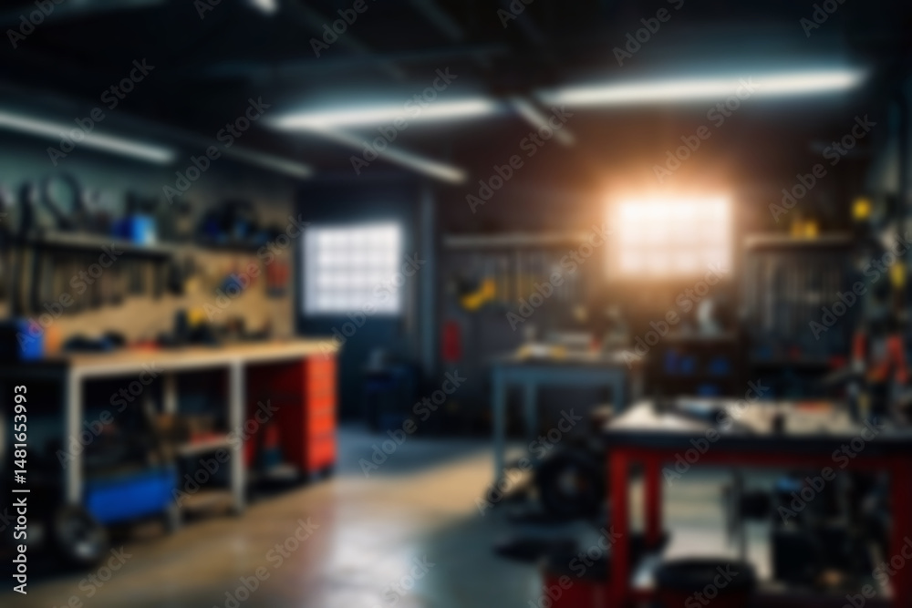 Obraz premium Blurry car repair shop, the car is being serviced in a garage with a dark theme, featuring a blurry repair shop background.