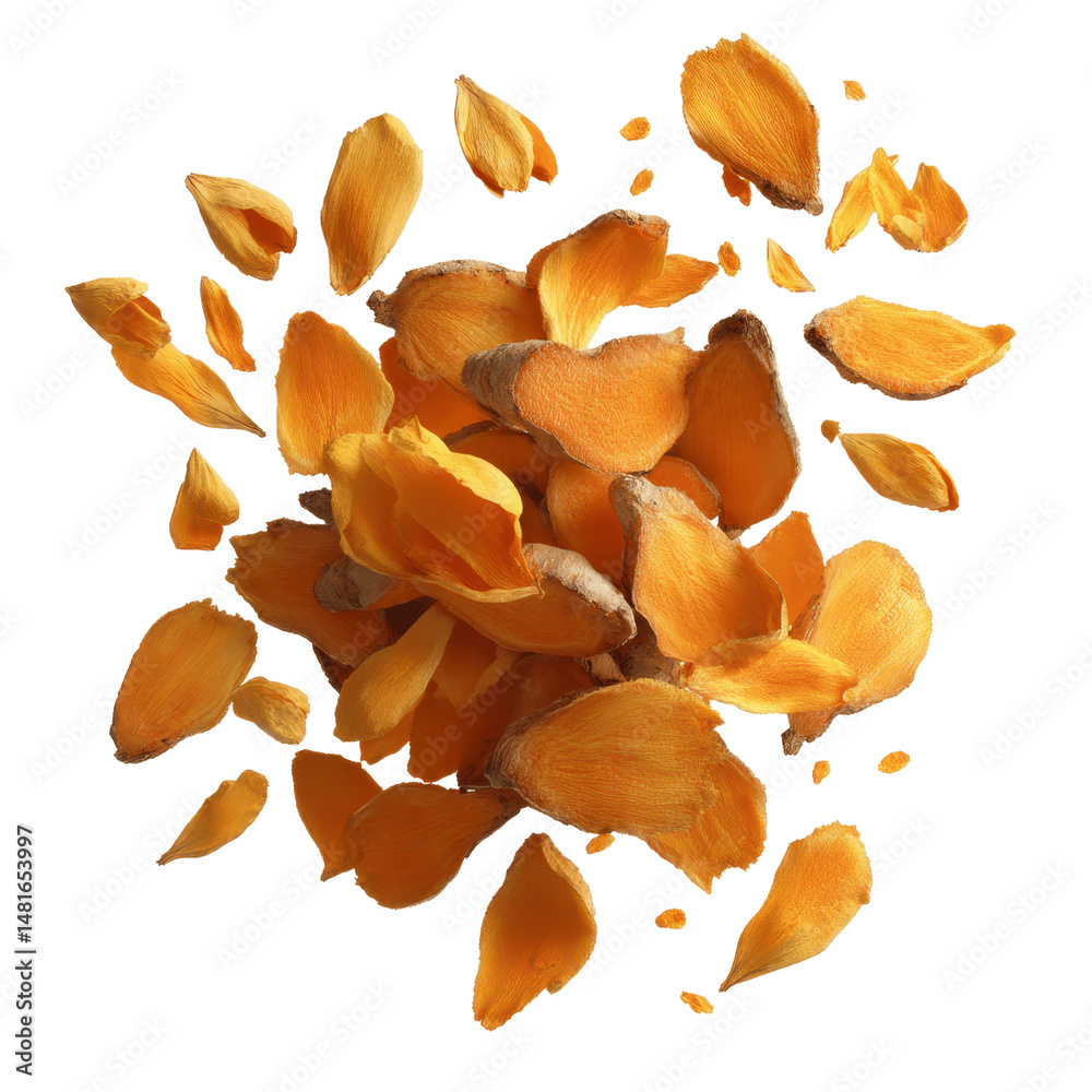 Fototapeta premium Exploding Turmeric Root Pieces, Vibrant Orange Spice Explosion