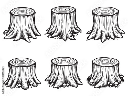 Tree Stump Line Drawing Set