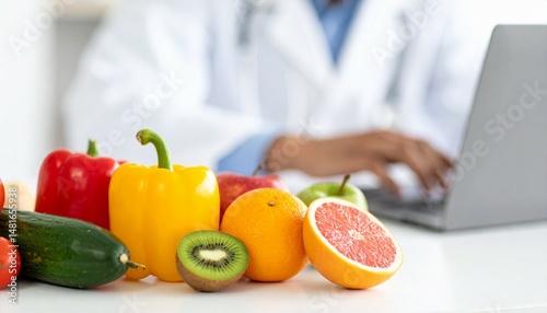 A healthcare professional in a lab coat analyzes data on a laptop while surrounded by fresh fruits and vegetables, promoting healthy eating