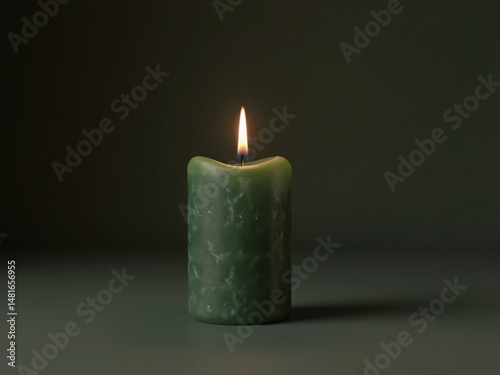 Green candle, flickering light, in darkness.
