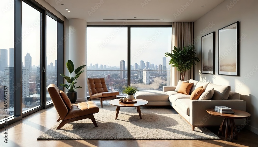Naklejka premium Modern condo living room with stylish furniture and large windows, showcasing natural light and city views , city view, architecture, natural light
