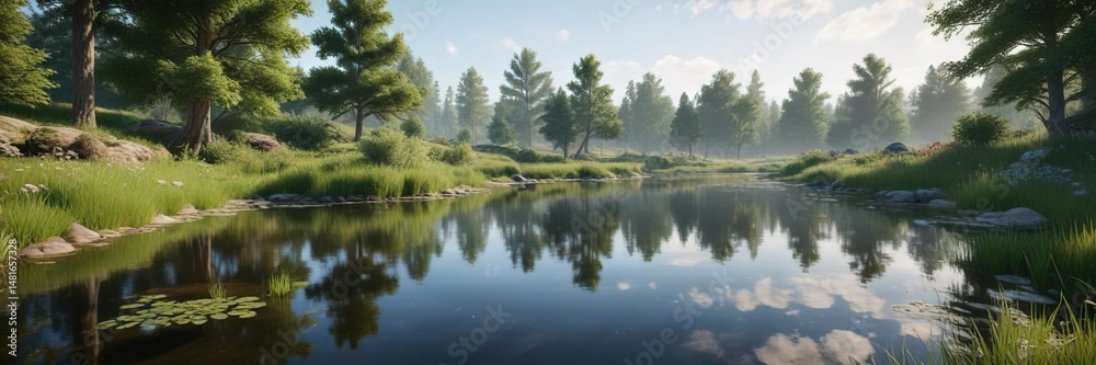 serene landscape with a small pond in the distance, pond, distance, scenery serene landscape with a small pond in the distance, pond, distance, scenery
