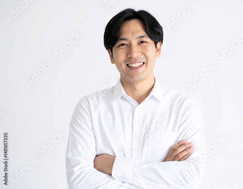 Confident Japanese businessman smiling in a suit