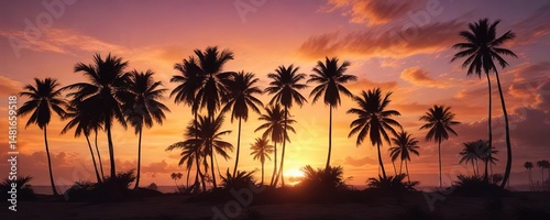 Silhouettes of palm trees against a radiant sunset sky, holiday, vacation, tropical
