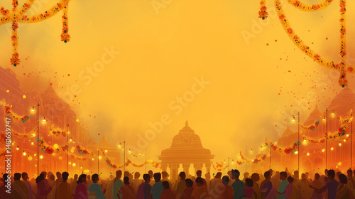 Bonalu Festival, crowd of devotees in temple decorated with marigold flowers and lamps, orange to yellow gradient background