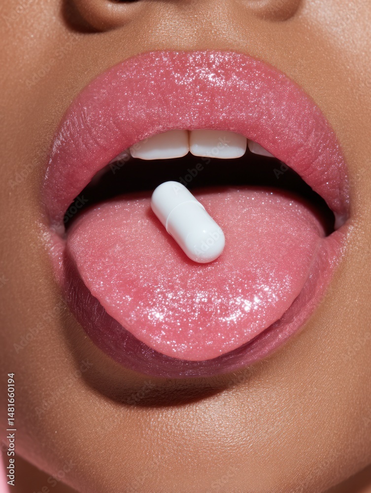 Naklejka premium Sensual Glossy Lips with White Capsule on Tongue – Bold Beauty & Wellness Expression