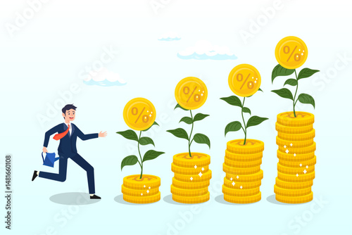 Businessman watering compound interest seedling growth, compound interest growth, savings, investment or wealth accumulation formula, interest rate principal, profit or earning, prosperity concept