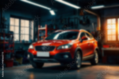 Blurry car repair shop, the car is being serviced in a garage with a dark theme, featuring a blurry repair shop background.