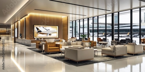 A luxurious airport lounge with a serene ambiance, plush seating, warm lighting, and refined interior decor, designed for ultimate relaxation.