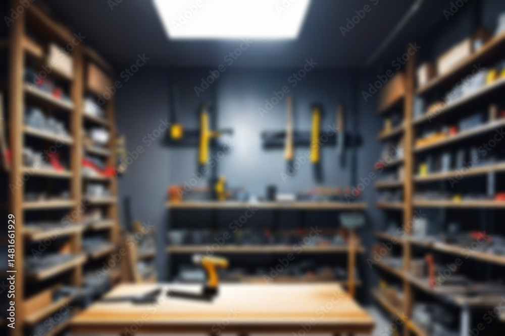 Fototapeta premium Blurry car repair shop, the car is being serviced in a garage with a dark theme, featuring a blurry repair shop background.